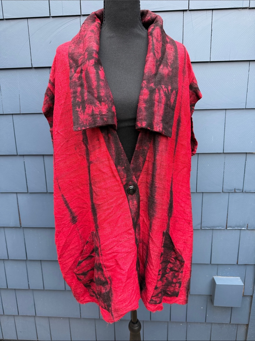 Gloria Lewis Red and Black Tie-Dye Shawl-Collar Tunic Top XL